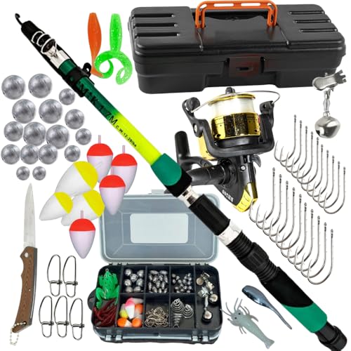Kit de Pesca Completo com Vara Telescópica, Molinete com Linha, Caixa de Acessórios, Boias, Anzóis e Chumbadas – Ideal para Iniciantes e Pescadores Profissionais