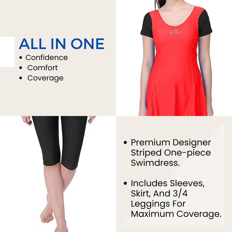 Image of Originals Swimming Costume for Women's One-Piece Beach Wear with Sleeve & Skirted 3 /4 Leggings Maximum Covered Swim Wear Dress (L - 7XL)