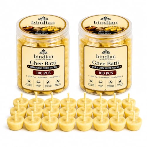 Image of Bindian Pure Cow Ghee Batti for Puja Pack of 200 | Ready to Use Handmade Cotton Ghee Wicks | Long Burning Diya Batti for Mandir, Daily Worship, Aarti & Religious Festivals