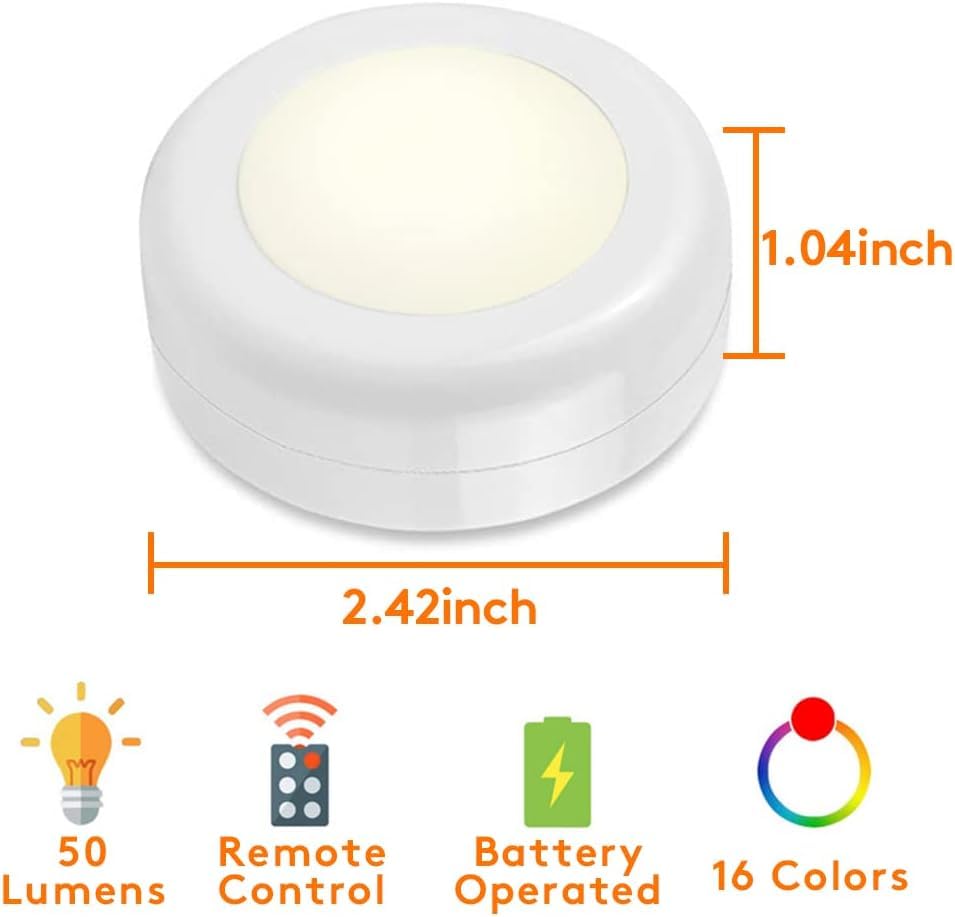Image of 13-Color LED Puck Lights with Remote Control | Wireless Battery-Powered Stick-On Under Cabinet Lighting | Dimmable Color Changing Lights with Timer for Kitchen, Closet & Home Decor