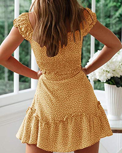 Image of Valphsio Womens Smocked Dress Ruffle Floral Tie Front Boho Short Dresses