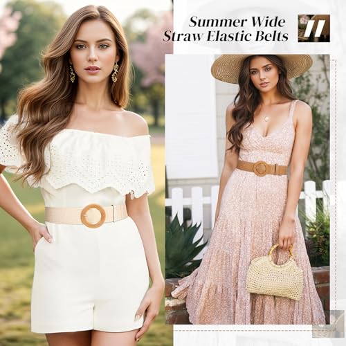 JASGOOD 3Pcs Straw Woven Belt Stretchy Waist Belt for Women Boho Braided Belt Wide Elastic Belt with Round Buckle4