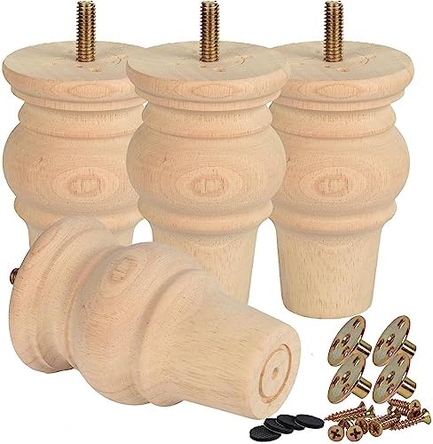 4 Inch Wooden Furniture Legs,Tchosuz Solid Unfinished Bun Feet with 5/16 inch Bolt,Modern Mid-Century Carved Sofa Couch Feet Furniture Replacement Legs for DIY Cabinet Cupboard Chair Ottoman,Set of 4