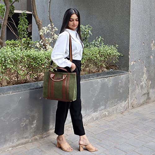 Image of Book Tote Handbag | Handloom Woven Cotton And Vegan Leather | Laptop | Tote Bags for Women For Office Use, Work | Ladies Stylish Shoulder Bag | Ethically Sourced, Lightweight