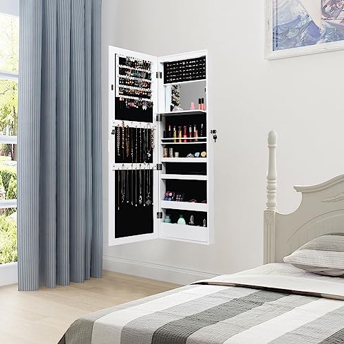 Miniatura 2 de Homasis Armario Para Joyas De Pared Y Puerta, Joyero Con Espejo De Cuerpo Entero, Espejo De Maquillaje Y 12 Led Y Cerradura, Con Ganchos Para Cadenas Y Pendientes, 120x37x9cm Blanco