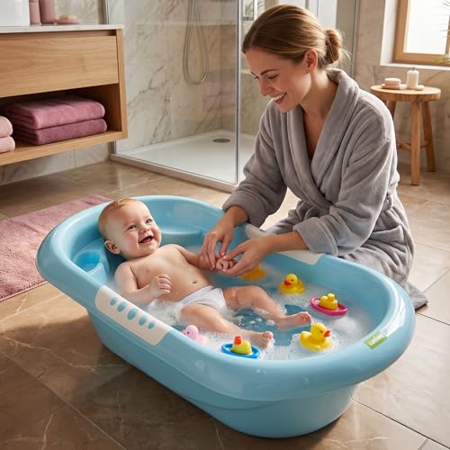 Image of Baybee Lovely Baby Bath Tub for 0 to 5 Years | Ergonomic Bath Tub for Kids with Quick Drain & Storage | Premium Baby Bather with Non Slip Base & Side Grip Bathing Tubs for Boys Girls (Blue)