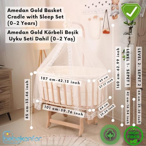 image for Bebek On For Classic Beech Wood Canopy Baby Cradle with Cream Lace Tex