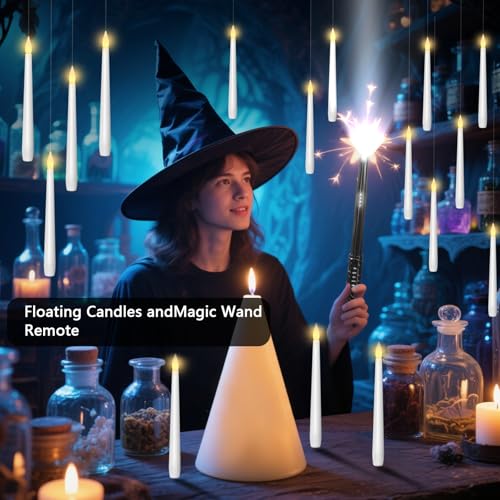 Image of Eebuss Flameless Floating Candles with Magic Wand, 20 Pcs Hanging Flickering LED Taper Candles, Battery Operated Taper Candle with Remote for Children Gift Halloween Decor (White)