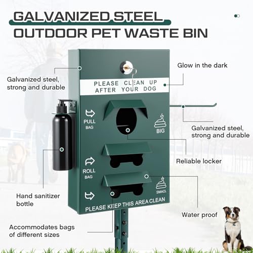 Qinyoung Dog Waste Station with Hand Sanitizer Bottle Galvanized Steel Outdoor Pet Waste Bin Dispenser Reflective Sign Pet Waste Station Rust Proof Dog Waste System for Backyard Commercial Park - Thumbnail 4