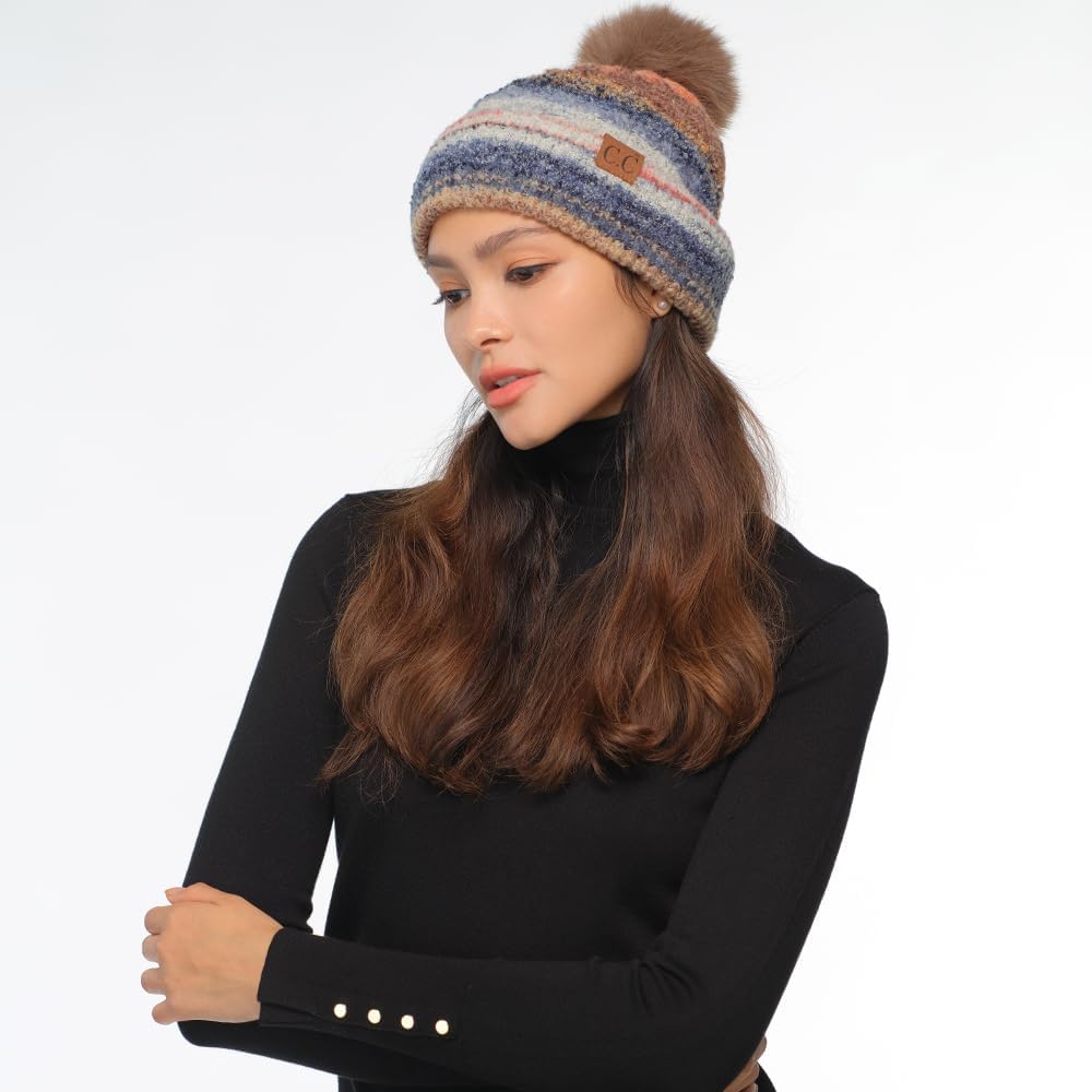 C.C Multi Color Space Dye Wool Stretchable Soft Warm Pom Beanie with Faux Fur Pom Knit Winter Skully Hat.