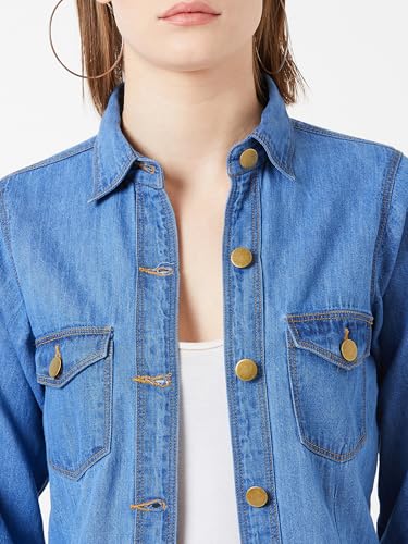 Image of Miss Chase Women's Polo Neck Full Sleeves Patch Pocket Denim Overcoat Knee-Length Jacket