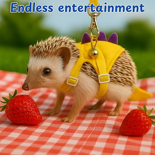 Image of Adjustable Hedgehog Leash and Harness with Safe Bell, Dinosaur Shaped Harness Leash for Training Playing, Hamster Clothes for Ferret Guinea Pig Hamster, Hedgehog Accessories (Yellow)