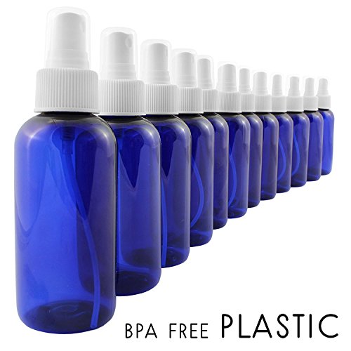 4oz Cobalt Blue Plastic PET Boston Round Fine Mist Spray Bottles (12-Pack w/ White Sprayers); Labels Included