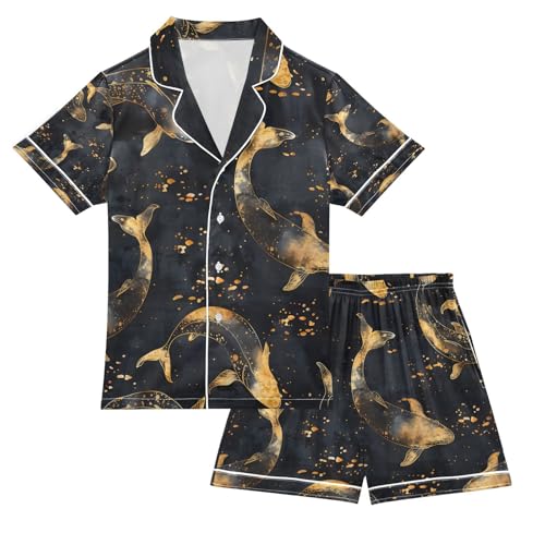 senya Gold Whale Fish Satin Summer Pajama Sets Silk Short Sleeve Button Down Sleepwear