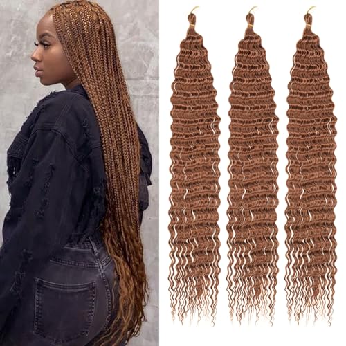 Samtress Ocean Wave Crochet Hair 30 Inch Deep Wave Curly Braiding Hair Extensions 3 packs Brown Ocean Wave Crochet Hair for Boho Crochet Box Braids Synthetic (#30)