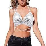 Mocure Womens Metallic Holographic Tie Crop Tops Bowknot Criss Cross Tank Top for Festival Rave Party