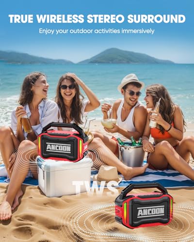 Image of ANCOON Speakers Bluetooth Wireless: 80W(Peak) Loud Speaker with Bass, 20H Playtime, IPX6 Waterproof, Large Jobsite Speakers for Work, Outdoor, Workshop, Garage, Portable Speaker with TWS (Red)