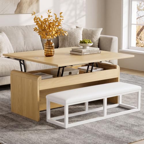 Homiflex Dual Lift Top Coffee Table Set with Bench 40 Inches Natural