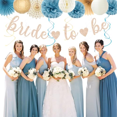 Image of Beige-Champagne-Blue Boho Bachelorette Party-Decorations - 21pcs Women Bridal Shower Banner Garland,Bride To Be Paper Streamers Lanterns,Flower Tissue Pom Poms Fan Favors Wedding Decor Huglony