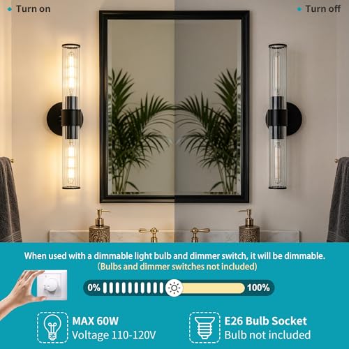 Image of Bathroom Light Fixtures 2 Pack Hardwired, Black Wall Sconce Threaded Glass Vanity Light Featuring Two E26 sockets, Bathroom Wall Light Dimmable - Bulb Not Included, UL Certification