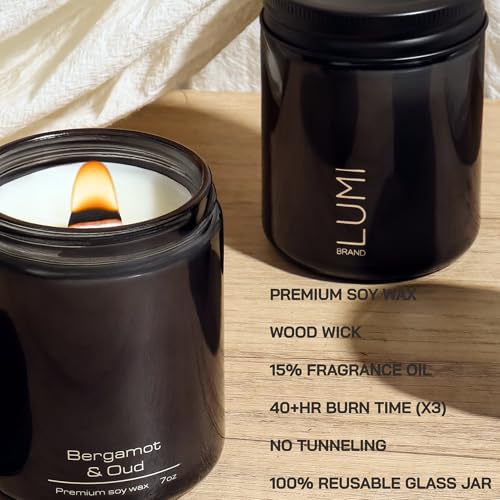 Set of 3 Premium Scented Soy Candles Gift Set | Le Noir Collection - Men’s Cologne, Red Teakwood, Bergamot & Oud | Crackling Wood Wick | Luxury Candles for Relaxation, Home Décor & Gifts | 9.8oz Each - Image 4