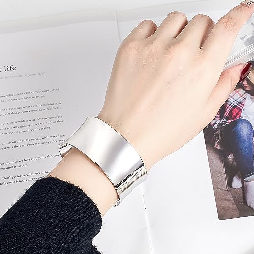 Women 925 Sterling Silver Curved Bangle 30MM Wide Grooved Cuff Bangle Shiny Punk Open Bracelet Adjustable Plated 24k Gold/Rose Gold Jewelry Gift2