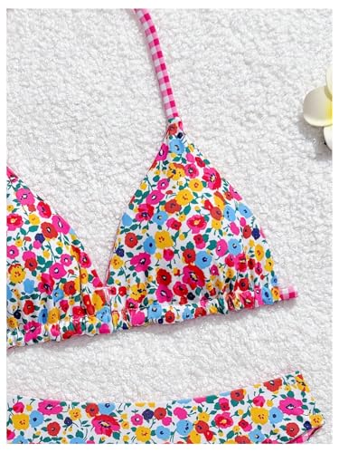 Image of BEAUDRM Girl's 2 Piece Floral Print Swimsuits Halter Triangle Bikini Boho High Waisted Bathing Suit