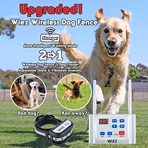 WIEZ Wireless Dog Fence Electric & Training Collar 2-in-1, Dual Antenna, Adjustable Range 100-990 ft, Adjustable Warning Strength, Rechargeable,Pet Containment System (2 Collar + 20 Flags)