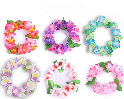 Kurtzy Diademas Hawaianas (Pack de 24) - 27cm Artificiales Lei Hawaiano Diademas - Elástico Hawai Flores Venda para Luau Fiesta Verano Playa Vestido, Fiesta de Playa