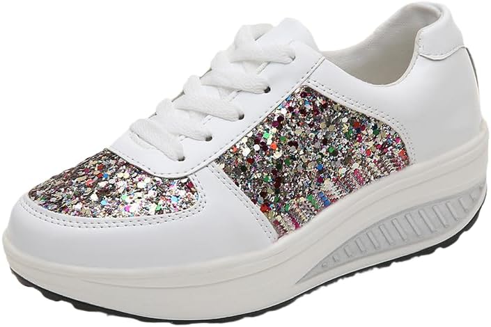 HCHCTRY Women's Glitter Platform Wedge Athletic Tennis Walking Shoes Sparkly Sequin Lightweight Non Slip Casual Comfort Fashion Colorblock Sneakers