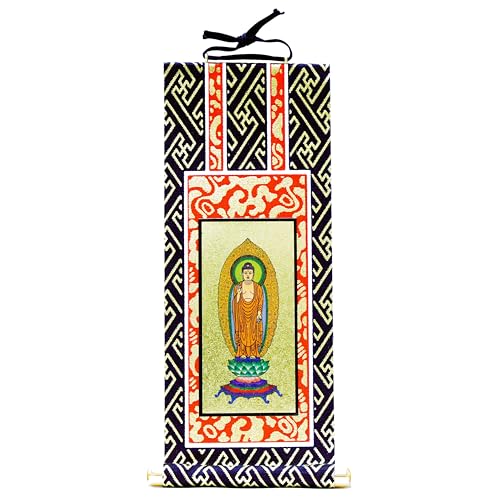 九華工房 【浄土宗】阿弥陀如来 「お仏壇用 御本尊」 掛け軸 20代 高さ20cm 紺?金 法輪鋲付き