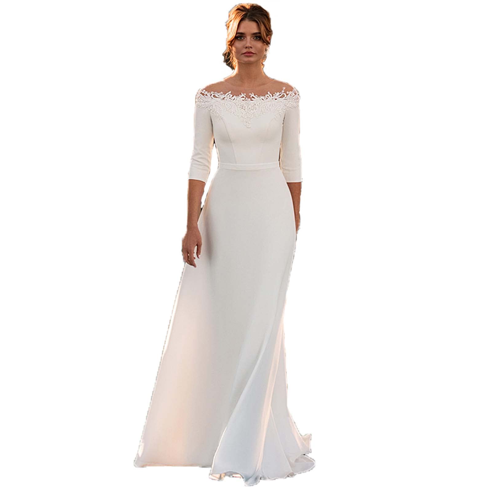 Vestido de Novia Retro, Vestido de Novia de 3/4 Mangas con Cremallera de Satén sobre Hombros, Blanco, 14W