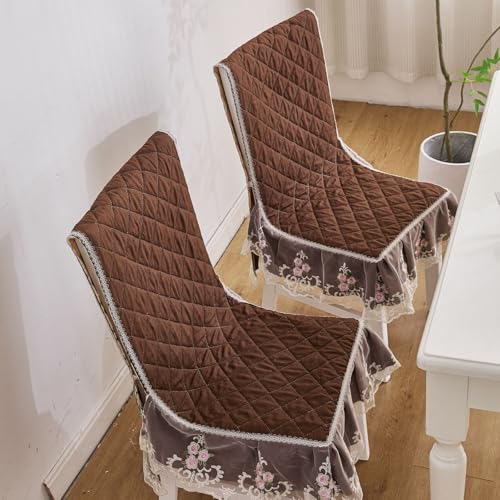 Image of HOMETHREADS Vintage Dining Chair Protector Cover, Quilted Cotton with Lace Frills, Easy Slip-On Design, Protects Seat & Backrest While Keeping Chair Visible, Washable & Reusable, Coffee (Pack of 2)