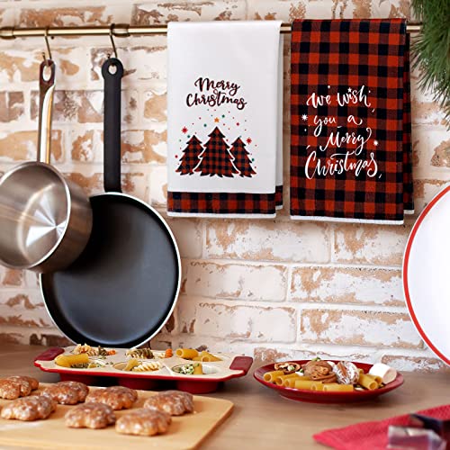 Patelai 4 Pack Christmas Kitchen Towels Buffalo Plaid Tea Dishtowels Farmhouse Winter Bathroom Hand Towels Christmas Decorations for Kitchen Holiday Xmas Housewarming Gifts(Red Black,Tree)