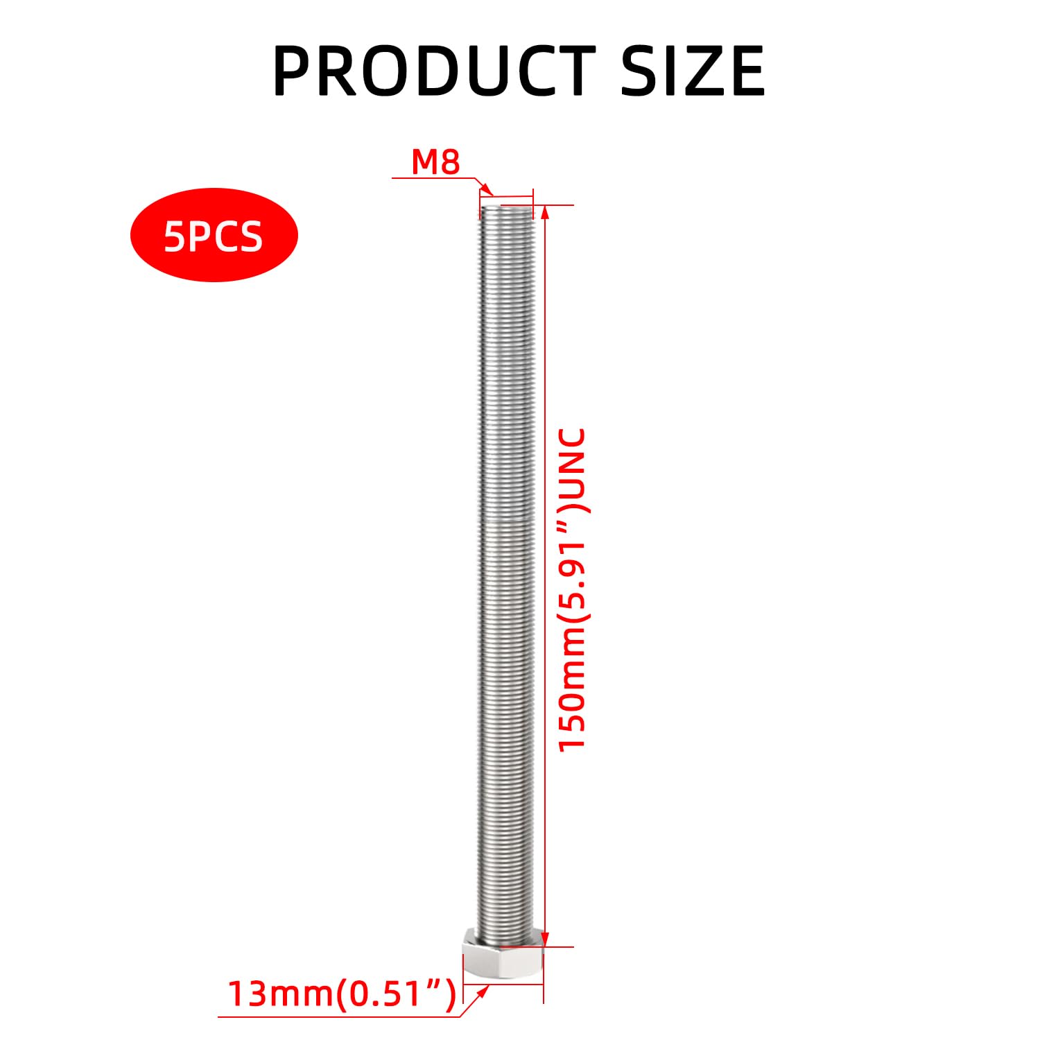 Aopin 5pcs SUS304 Stainless Steel M8 x 150mm Hex Head Bolts Screws Grade 8.8 Stainless Steel, Fasteners Fully Machine Threaded - Image 2