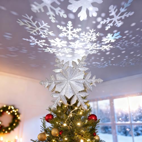 DG-Direct Christmas Tree Topper with Rotating Snowflake Projector, Silver