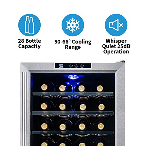NewAir Wine Cooler and Refrigerator, 28 Bottle Freestanding Wine Chiller Fridge, Stainless Steel with Glass Door, AW-281E