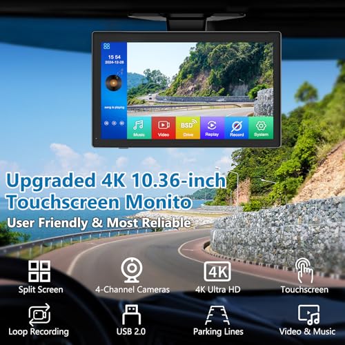 Image of karsugee 4K RV Backup Camera with 10.1 inch Quad Split Touchscreen Monitor, HD 1080P Side & Rear View Cameras DVR Recording USB Video Play Waterproof 4 Channel for Trailer RV Truck Camper Bus etc (HD01)