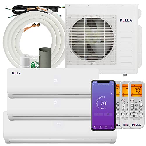 Della 36K BTU ODU Tri 3 Zone 9K 9K 18K BTU 19 SEER2 208-230V Cools Up to 1800 Sq.Ft Wifi Energy Efficient Multi Zone Ductless Mini Split Air Conditioner Heat Pump Full Set Della 36K BTU ODU Tri 3 Zone 9K 9K 18K BTU 19 SEER2 208-230V Cools Up to 1800 Sq.Ft Wifi Energy Efficient Multi Zone Ductless Mini Split Air Conditioner Heat Pump Full Set