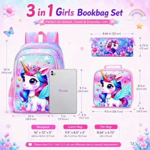 Image of WZLVO 3PCS Kids Backpack for Girls, Unicorn Dinosaur Animal Prechool Elementary Kindergarten School Bookbag with Lunch Box