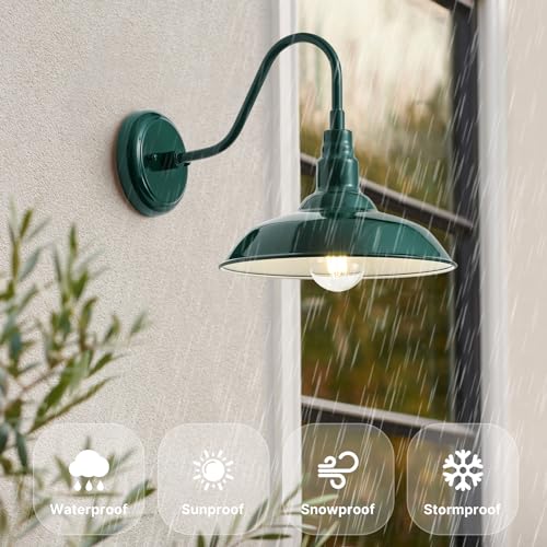 Image of 10in Outdoor Gooseneck Barn Light Wall Mount, Green Exterior Farmhouse Porch Lights with White Interior Small Dome Outdoor Patio Gooseneck Wall Sconce Garage Lighting for House, Cabin