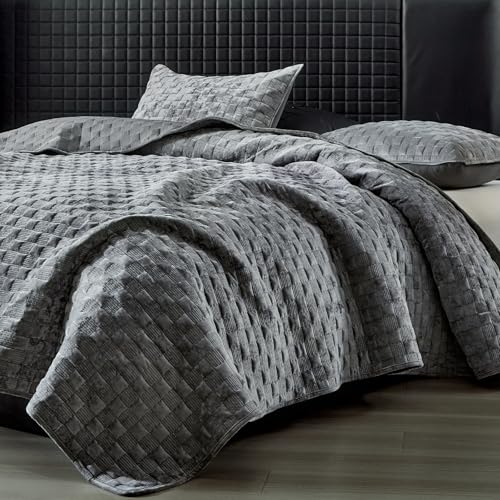 WARMDERN Luxury Velvet Quilt Queen Size, Geometrical Stitch Quilts Set, Soft Lightweight Bedspread and Coverlet, Light Grey Bedding with 2 Pillow Shams for All Season, 90" x 96"