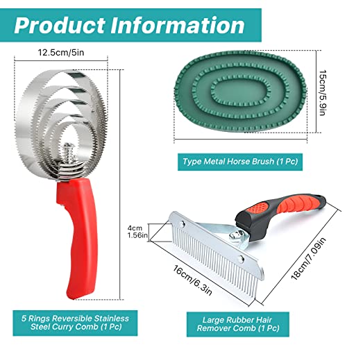 3 Pcs Reversible Stainless Steel Curry Comb 5 Rings, Aemygo Double Sided Horse Grooming Brush, Scotch Type Metal Dog Brush Large Rubber Hair Remover Comb, Soft Touch Grip Scraper for Cow Sheep Dog - Image 3