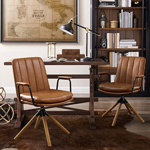 Volans Home Office Desk Chair, Oak Wood Legs, Modern Pu Leather Desk Chair No Wheels, Executive Swivel Arm Chair, Mid Back Office Chair, Yellow Brown #TOP6