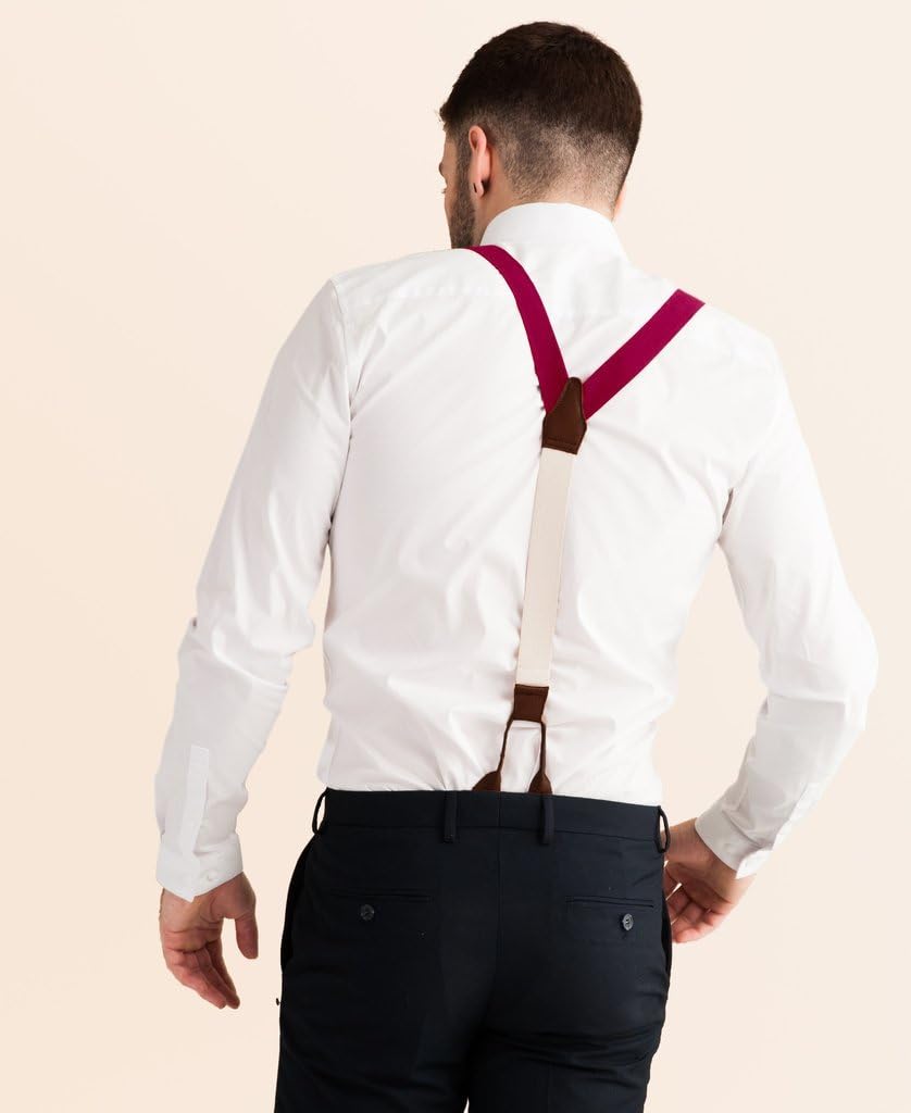 JJ Suspenders Woven Textured Y Suspenders for Men with Leather Detailing & Interchangeable Clips