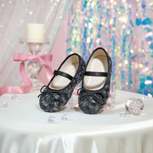 Image of PHIRAMIN Toddler Flower Girl Glitter Dress Shoes Little Girl Ballet Flats Bow Wedding Party