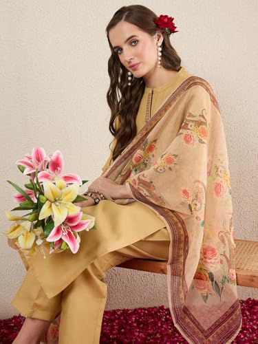 Image of INDO ERA Women's Straight Cotton Blend Ethnic Motifs Embroidered Kurta Pant With Dupatta Set
