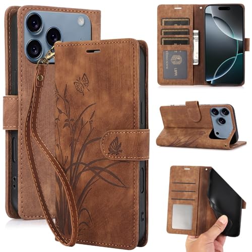 Étui iPhone 16e marron anti-choc portefeuille magnétique résistant avec sangle