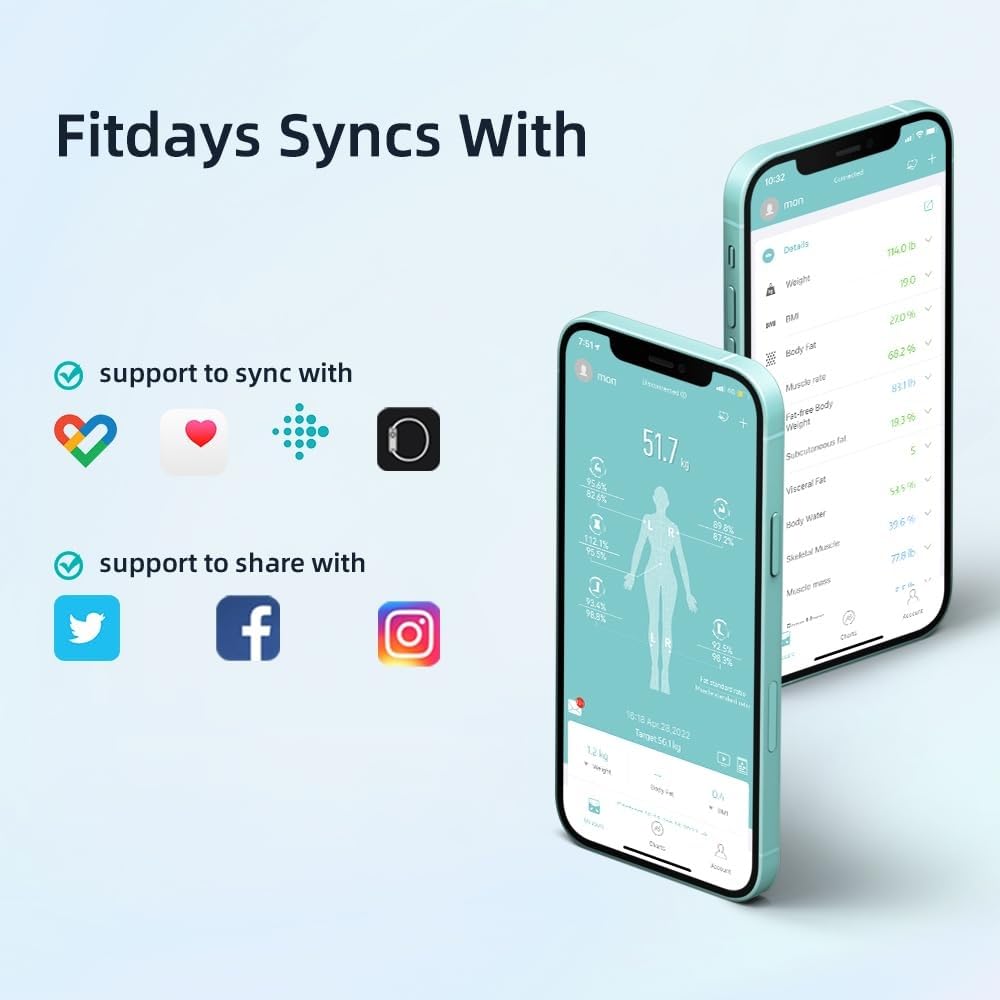 Fitdays Balance d'analyse corporelle intelligente -Balance IMC numérique de précision à 8 électrodes avec 20+métriques, affichage couleur Bluetooth pour muscle/graisse/eau (FI2211WB-Noir)