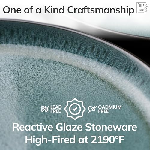 Image of Stoneware Dinnerware Set for 4, 12 Piece Plates and Bowls Set - Handmade Reactive Glaze, Chip & Scratch Resistant Sets - Dishwasher Microwave Safe, Modern Kitchen Dinner Service in Dark Petrol Blue